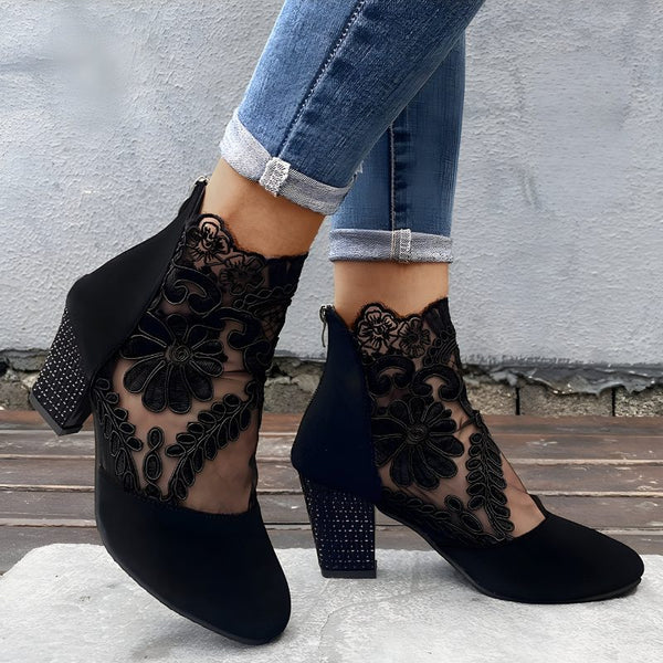 Floral Lace Block Heel Ankle Boots for Women